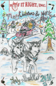 Roof It Right's owner James Guindon, who is also an artist, includes his dogs in marketing materials, including this Christmas card.