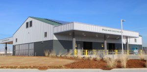 The Elk Grove Special Waste Collection Center celebrate the industrial chic nature of dealing with hazardous waste products with metal roofing and wall panels.