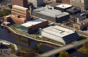 Accident Fund Holdings Headquarters features a white TPO roof. PHOTO: Image Michigan and The Christman Co.