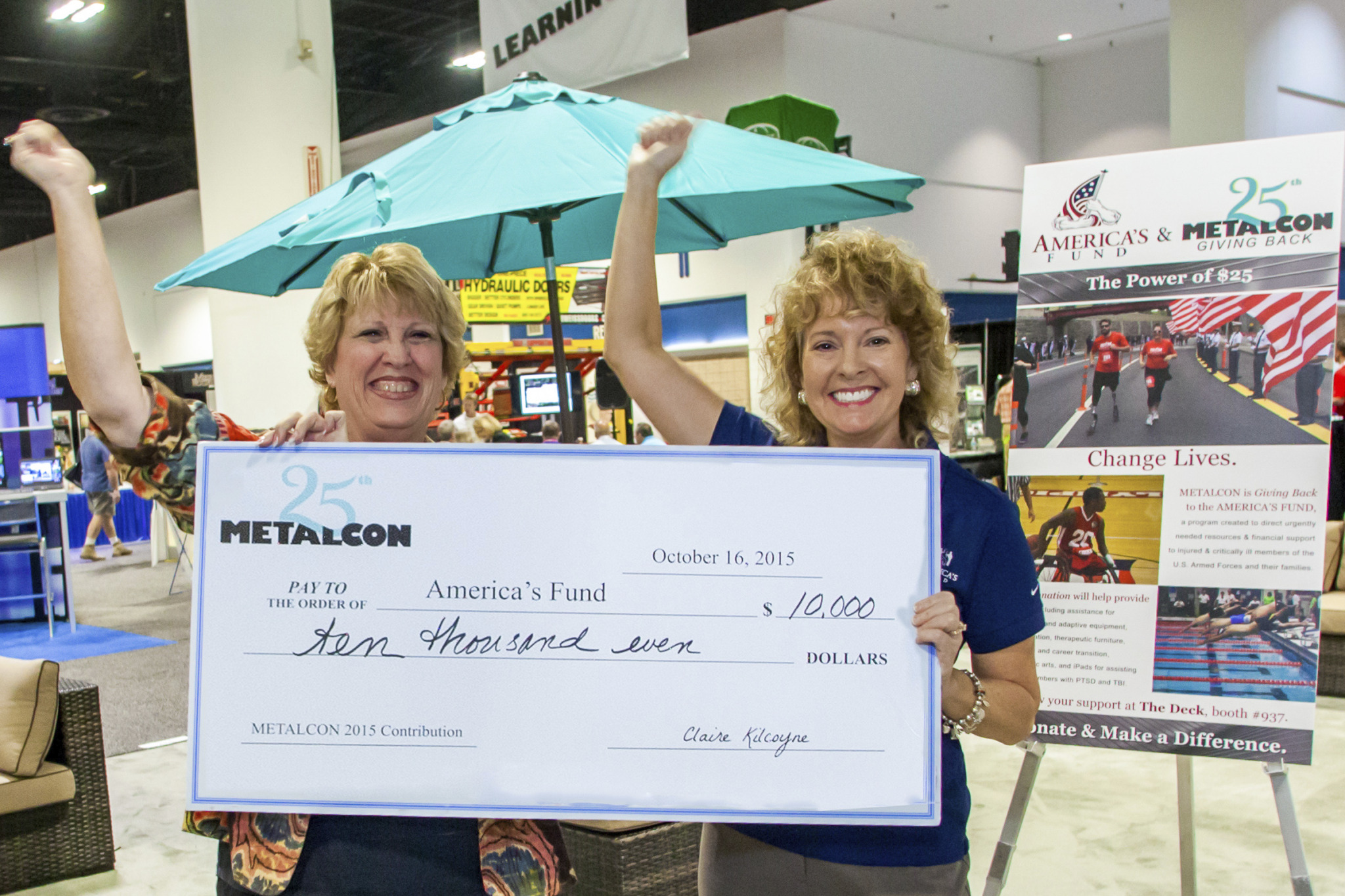 Diane Layman (left), voluntary services specialist for the Tampa Polytrauma Rehabilitation Center, and Debra Jordan, East Coast case manager for America’s Fund, are ecstatic to receive a $10,000 check from METALCON Show Director Claire Kilcoyne. Funds were raised at the 2015 METALCON through contributions from exhibitors, attendees, show management, show vendors and staff.