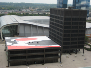 Artist Alexander Calder created the 127-square-foot red, black and white mural painted on the roof of the Kent County Administration building.