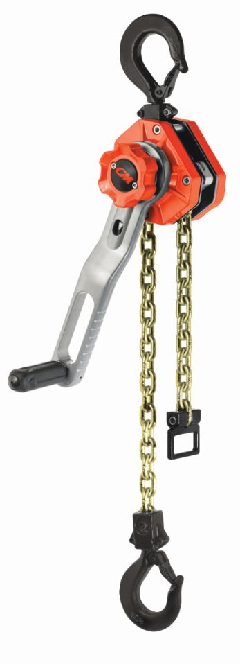 The ratchet lever hoist features a 360-degree rotating lever and a fold-out revolving handle.