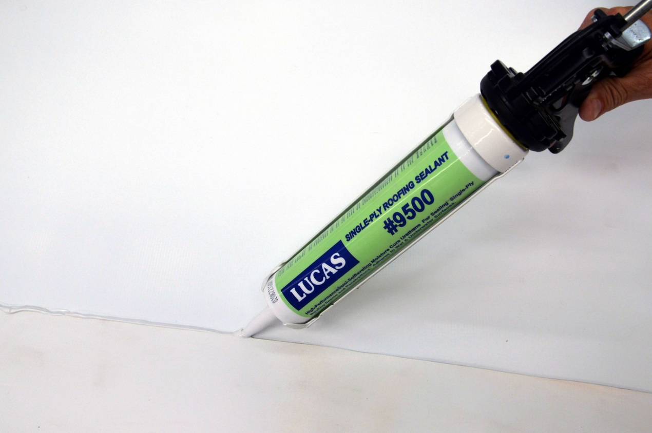 Lucas #9500 Single-Ply Sealant is a one-component, non-shrink, advanced technology polyurethane sealant designed for the construction of liquid flashing systems and sealing pitch pockets and pans, metal roof seams and fasteners, inlaid gutters, polyurethane foam, PVC and EPDM roofs.