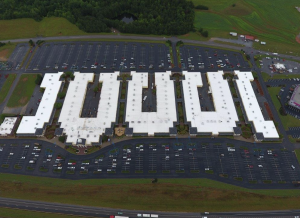 This aerial view shows the five buildings of the Gaffney Premium Outlets mall. Peach State Roofing re-roofed the two buildings on the left this year, after completing work on the building at the far right last year. 