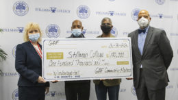 Representatives GAF presented a $100,000 gift to Stillman College to repair the roof of Winsborough Hall on Stillman’s campus. Pictured (from left) are Katrina Baker, plant manager, GAF Tuscaloosa; Gary Foster, GAF Tuscaloosa employee; Kelvin Thomas, a Stillman alumnus and VP for supply chain, GAF; Derrick Gilmore, executive vice president, Stillman College. Photo: David Miller/Stillman College Communications.