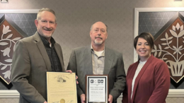 Pictured at the 2023 EODA Small Manufacturer Excellence Award ceremony are (from left) David Delcoma, MFM Operations Manager; Paul Bratton, MFM Fulfillment Manager; and Tiffany Swigert, Coshocton Port Authority.