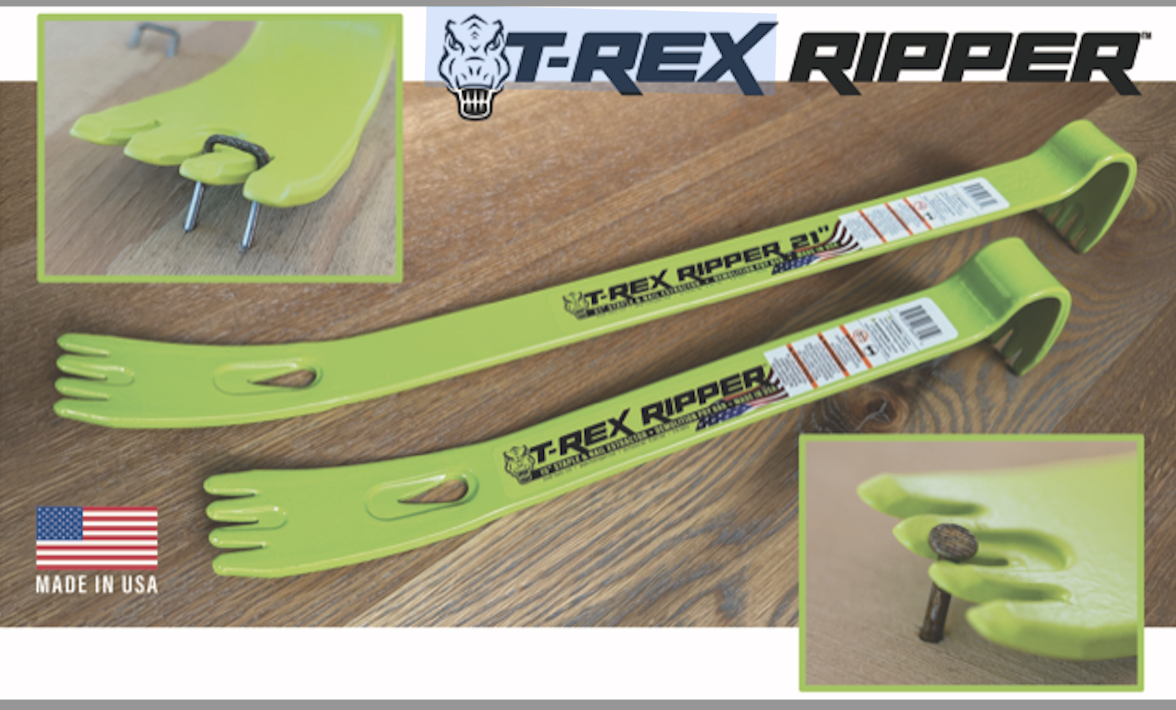 The T-Rex Ripper Staple & Nail Extractor/Demolition Pry Bar was designed to quickly remove staples, nails, and power cleats during demolition. 